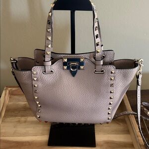Valentino RockStud Pebbled Leather Tote in Light Taupe